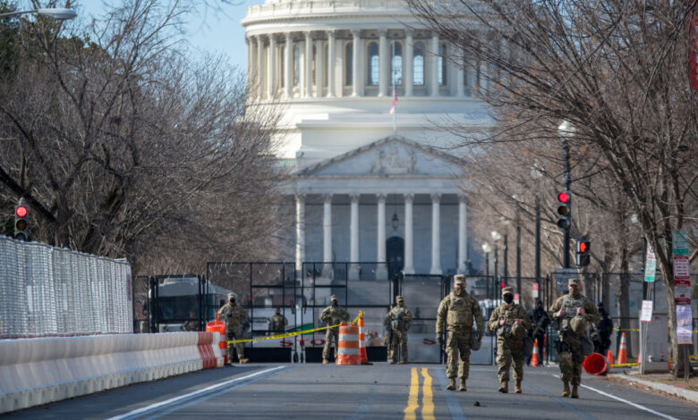 Armed National Guardsmen on security detail at the U.S. Capitol